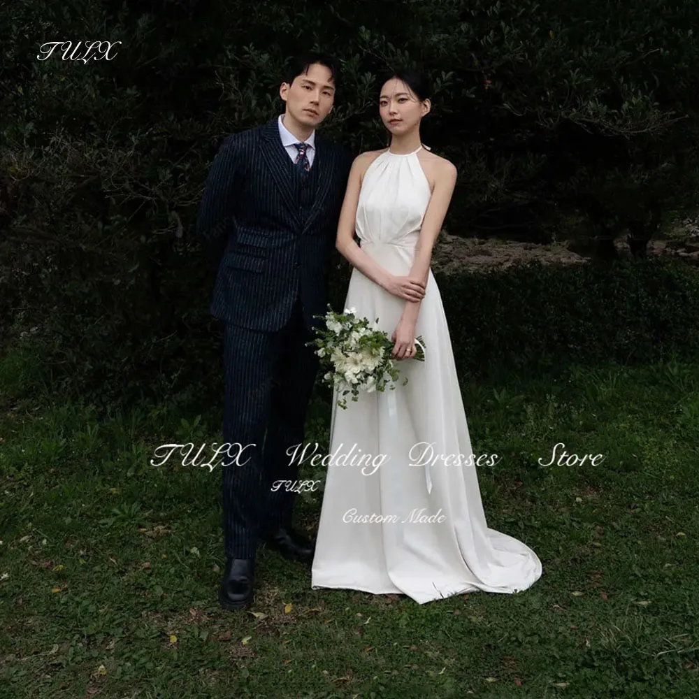 TULX elegante abito da donna in raso a-line abito da sposa coreano servizio fotografico Halter senza maniche abiti da sposa lunghi fino al pavimento su misura