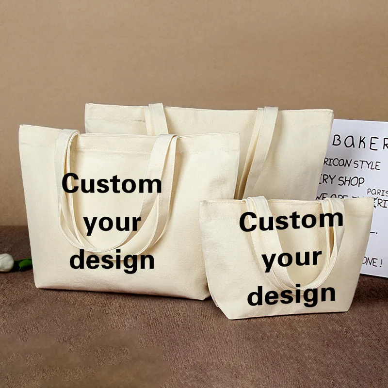 20/50/100 pièces en vrac en gros personnalisé toile sac fourre-tout Logo Image épaule coton lettre femmes Shopping sacs à bandoulière