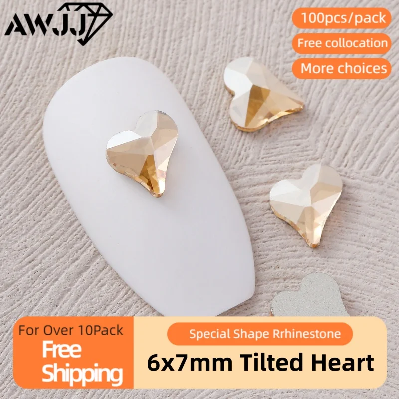 100pcs/pack 6x7mm Tilted Heart-Shaped Nail Drill Gems Designs Precision Cutting Flat bottom Self-Adhesive Nail Art Rhinestone