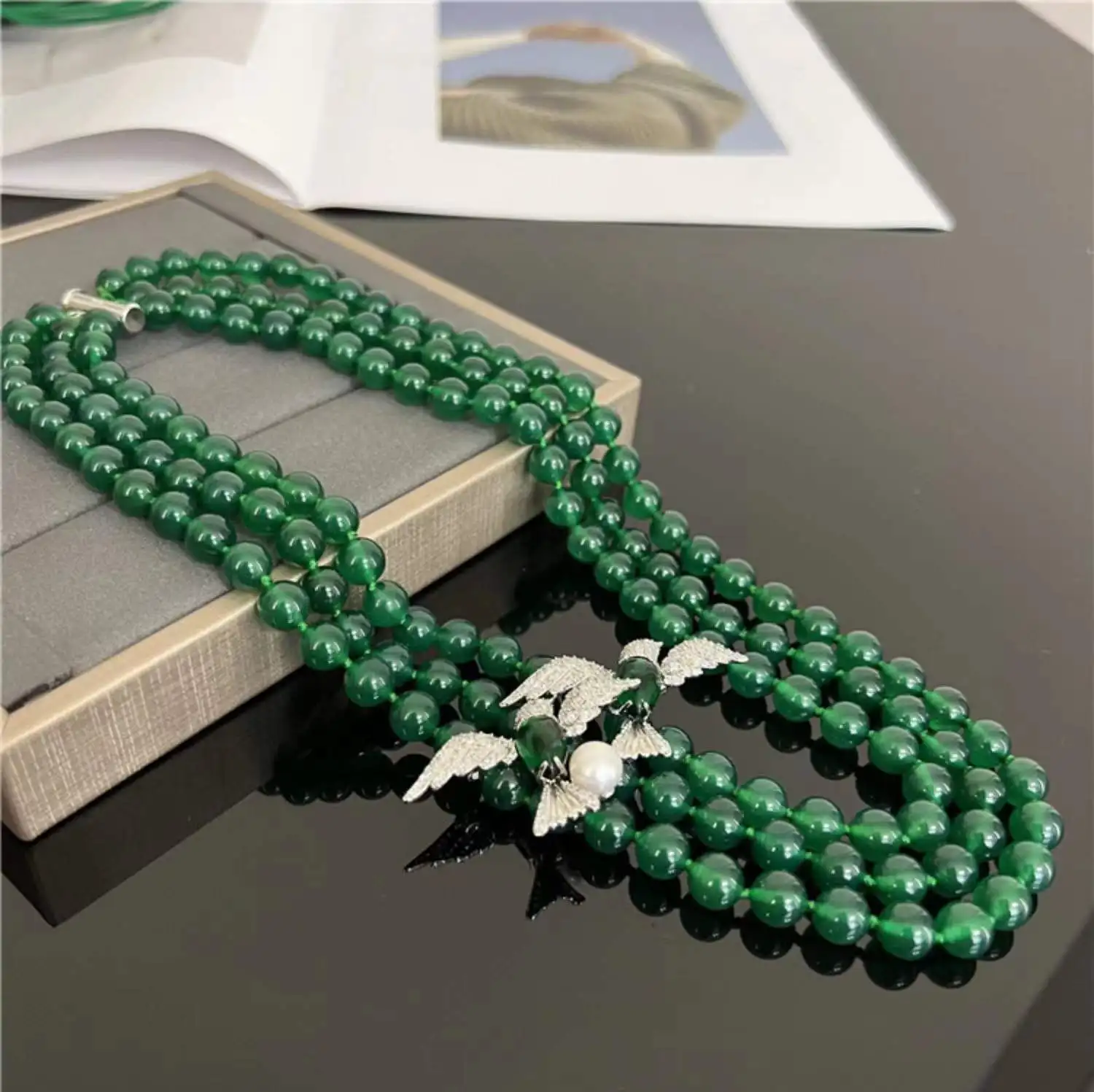 3rows green jade 8mm round bird brooch necklace FPPJ wholesale beads nature