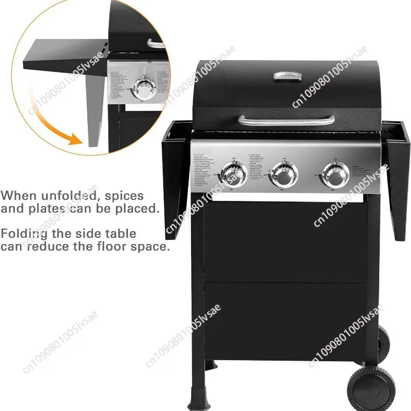 BBQ Propane Gas Grill, Stainless Steel, Equipped  Storage Shelves and 2 Wheels for Easy Mobility