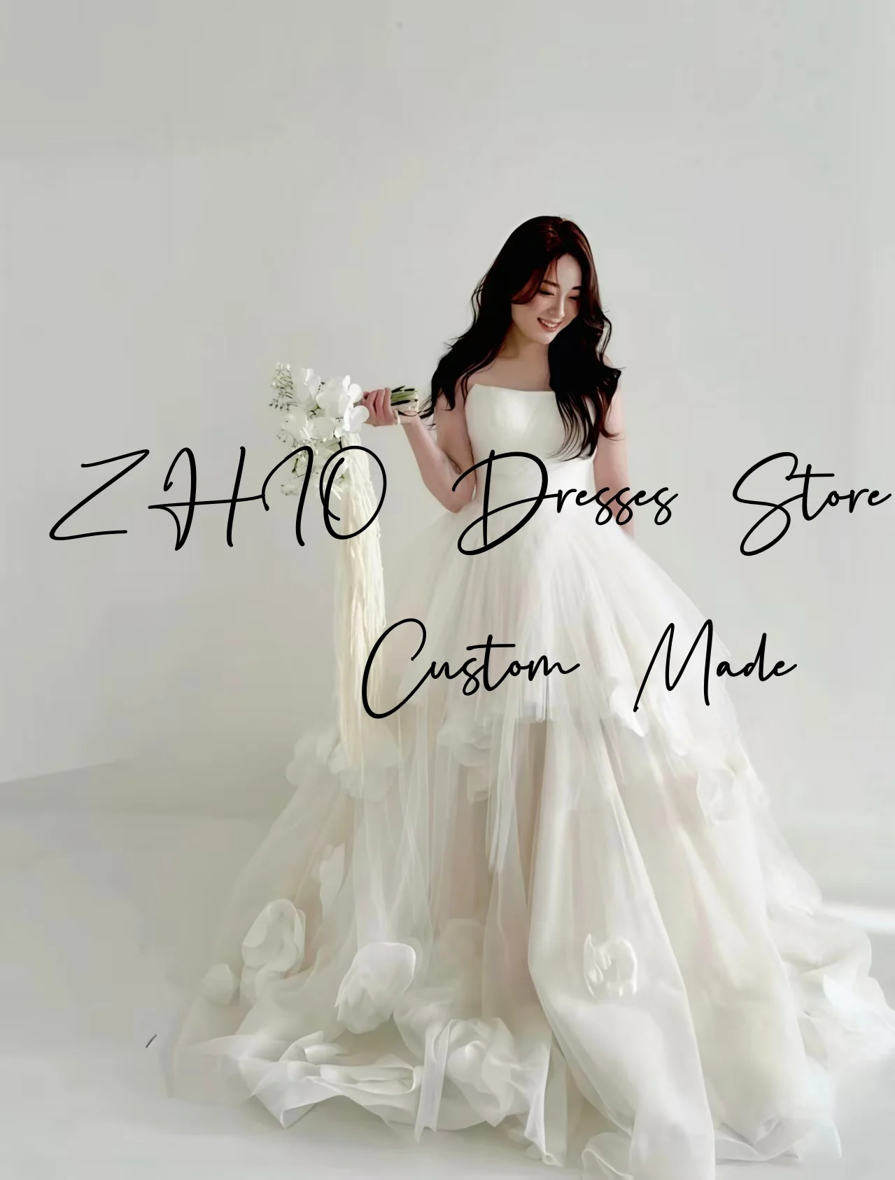 ZHIO Princess Flowers Wedding Dress Sweetheart Draped Sweep Train Ivory Tulle Korea Photo Shoot Bridal Gown Custom 웨딩드레스