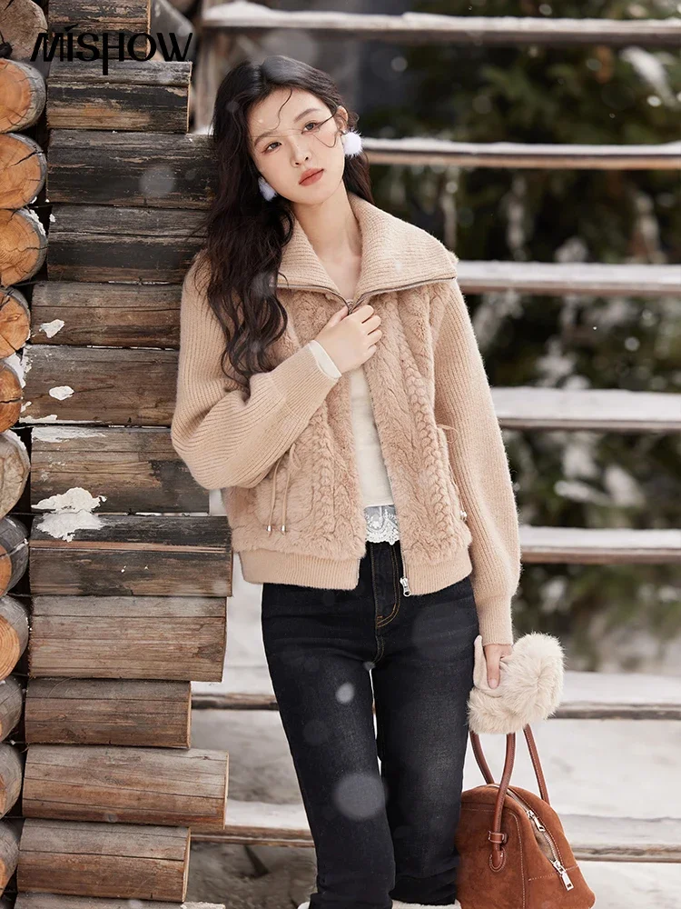 MISHOW Leather Fur Coat Spliced Knitted Jacket Women Winter Clothes Thick Turn Down Collar Pocket Zipper Plush Top MXD59W0663