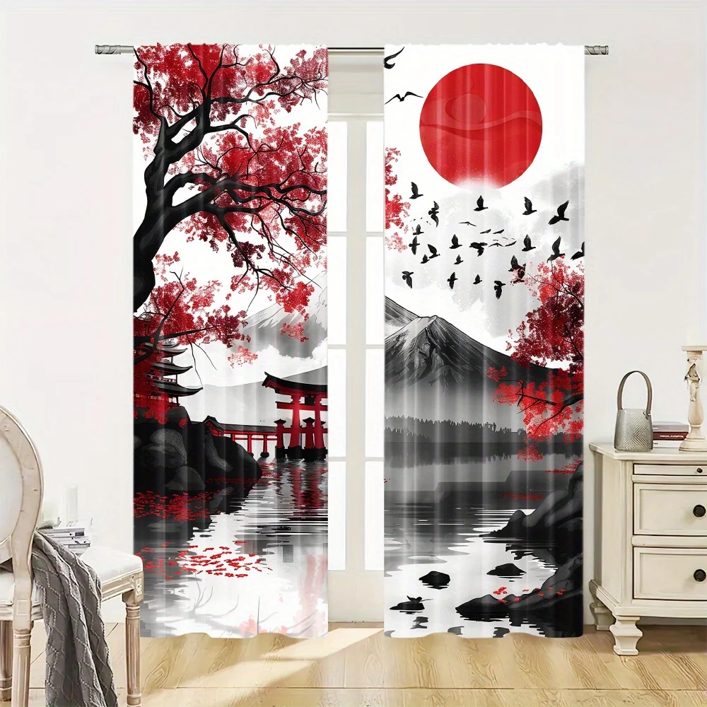 2pc Red maple torii gate and Mount Fuji patterned curtains, made of polyester, machine washable suitable for living room bedroom