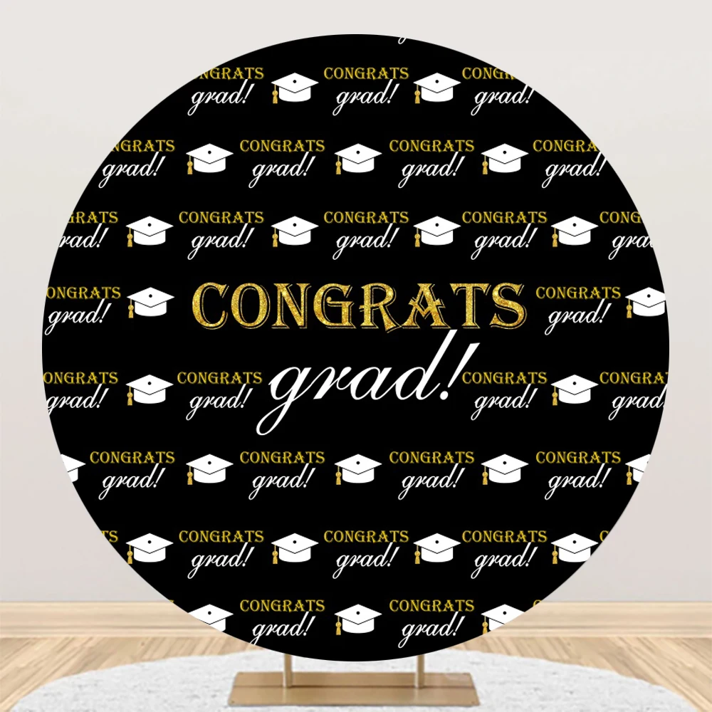 Congrats Grad Party Round Background Celebrate Graduation Golden Bachelor Cap Balloons Floral Decor Circle Photography Backdrop