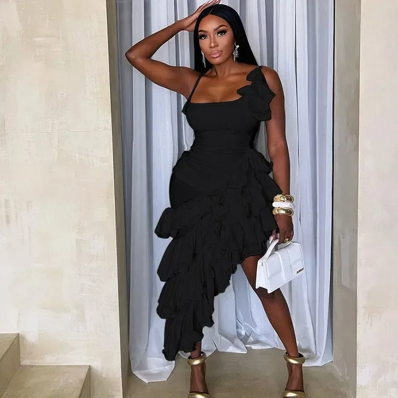 

Sexy Spaghetti Strap Bodycon Maxi Dress Woman Sleeveless Cascading Ruffles Asymmetrical Night Club Prom Party Long Dresses Robes