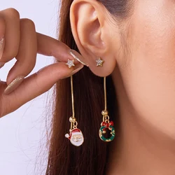 Trendy Asymmetric Xmas Santa Tassel Stud Earrings for Women Jewelry Enamel Christmas Star Tree Gift Box Pierced Dangle Bijoux