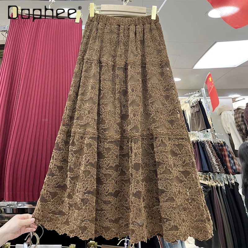 Jacquard Lace Skirt Women New French Retro Elastic High Waist Irregular Hem A Line Long Skirt Elegant Solid Color Midi Skirt