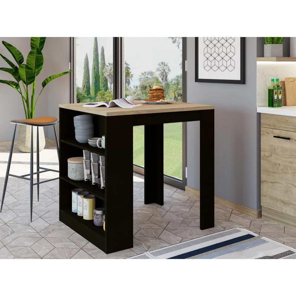 

Kitchen Island Table, Two Legs, Three Side Shelves, Black / Pine