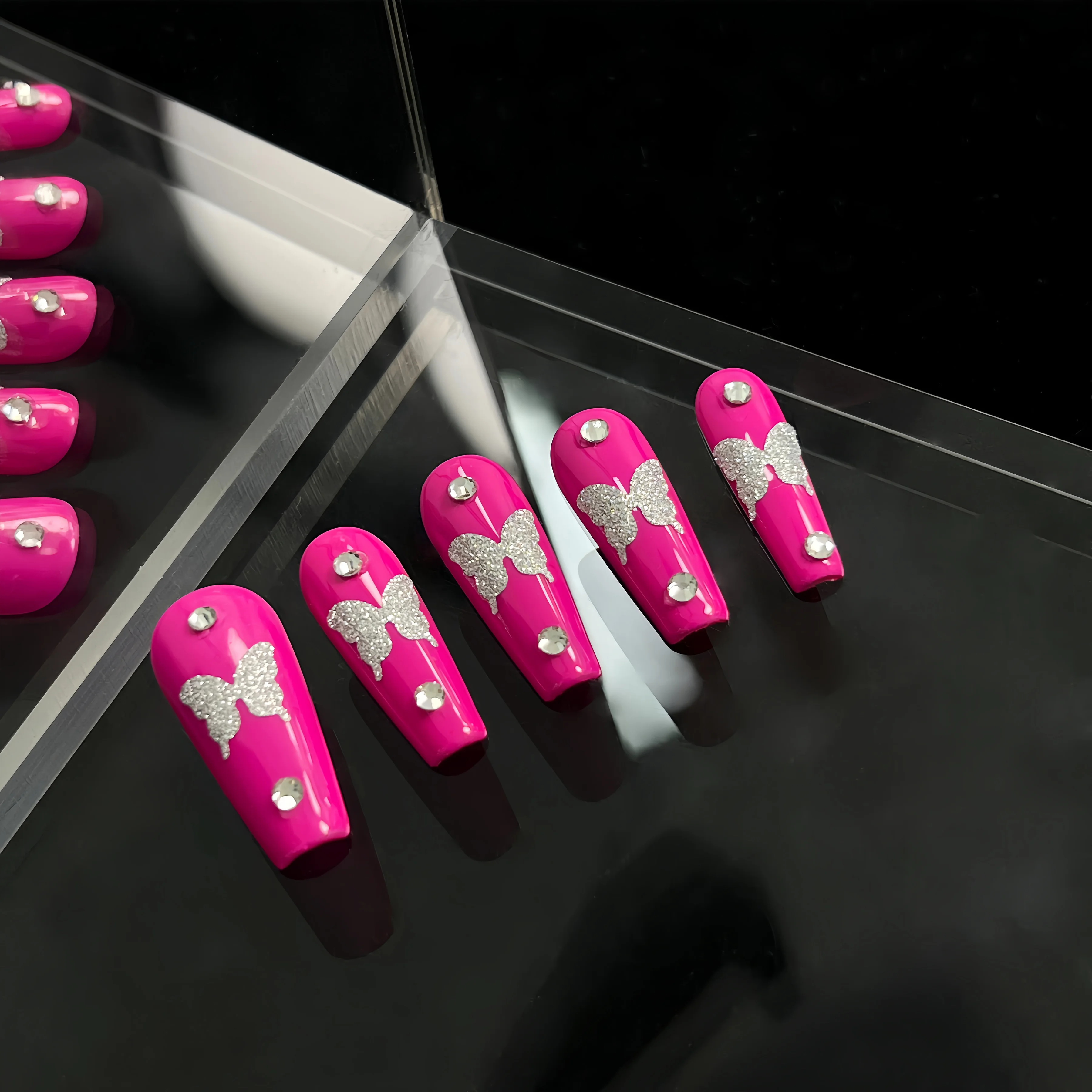 High Quality Bright Pink Long Coffin Shaped Press on Nail with sticker Glue and Tools per Set 10pcs Repeated Usage