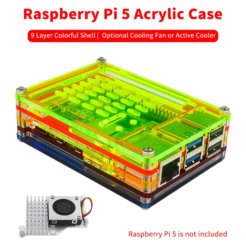 Raspberry Pi 5 Acrylic Case 9 Layer Colorful Shell Protection Box Optional Cooling Fan Active Cooler Heatsink for Raspberry Pi 5