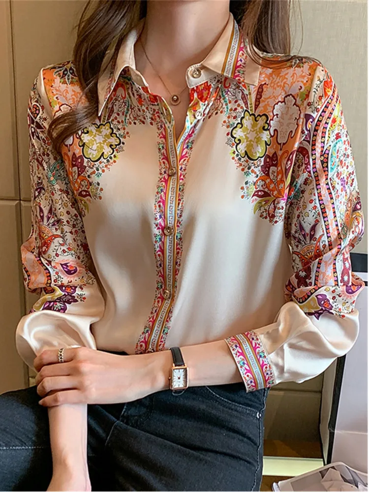 #3106 Long Sleeve Shirts Women Vintage Floral Printed Satin Shirt Ladies Slim Fit Office Womens Shirts Turn-down Collar