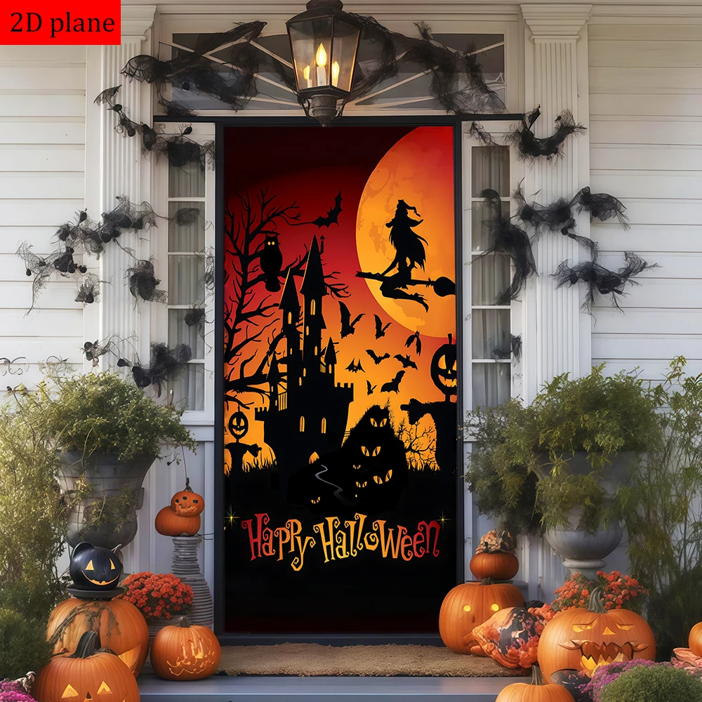 decoracao-de-porta-para-halloween-com-tema-de-castelo-de-bruxa-morcego-coruja-abobora-e-lua-cheia-com-faixa-elastica-de-alta-elasticidade