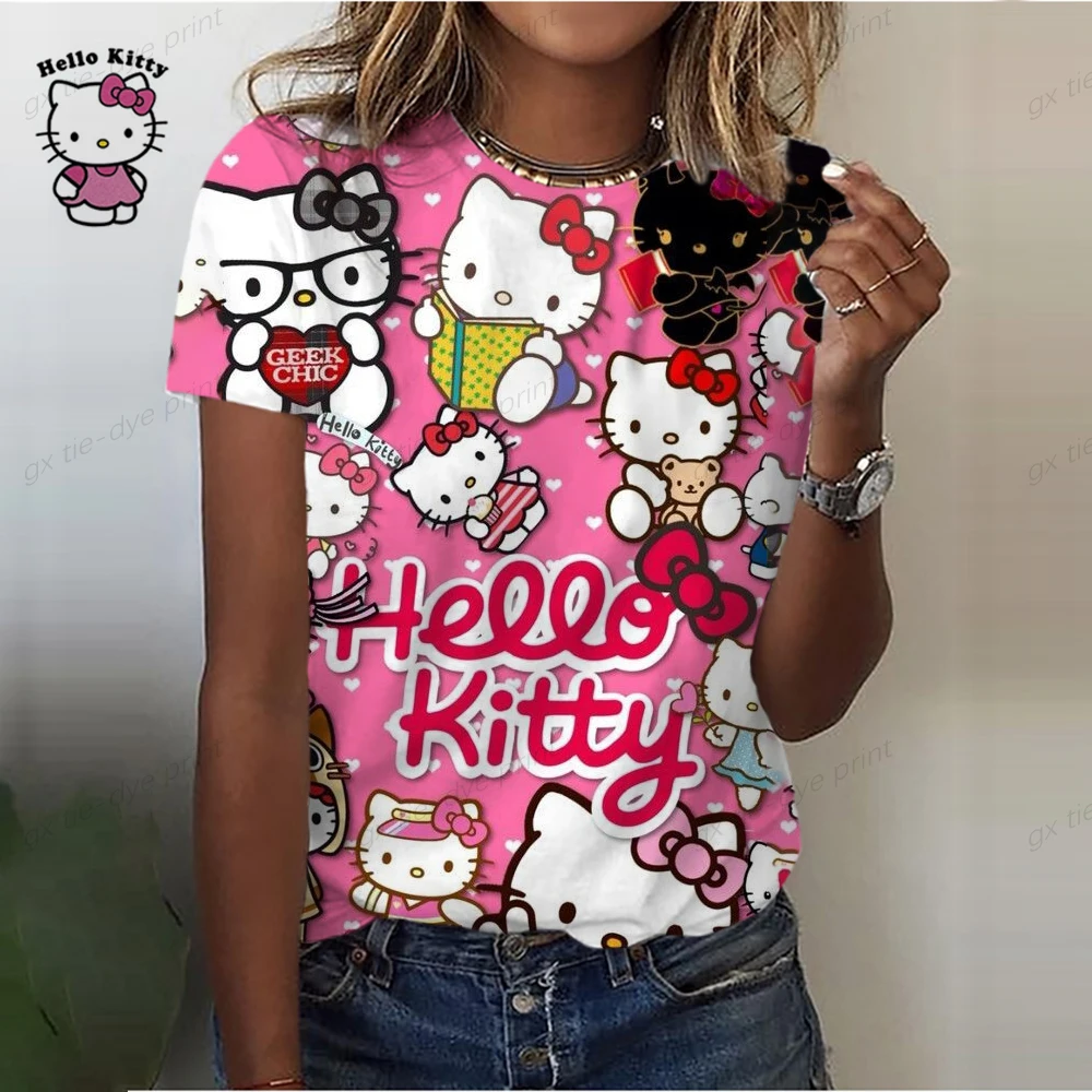 

2023 Family Trip T Shirt Women Hello Kitty Print Cartoon Fashion Cartoon Casual Vacation Clothes Mother Kids T-shirts