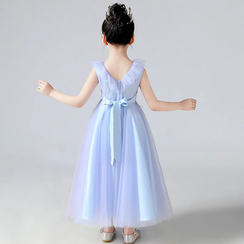 

Girls Lace V-Neck Embroidery Flowers Dress Fashion Sleeveless Princess Long Catwalk Tutu Costumes Mesh Kids Clothes High Quality
