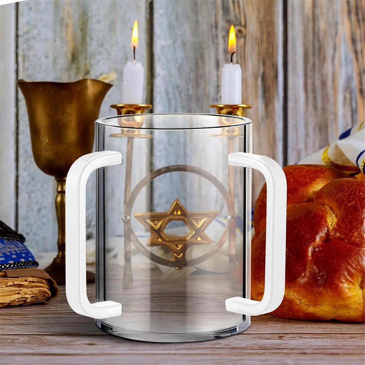 B66C Hand Washing Cup with Dual Handles Acrylic Washing Cup for Netilat YadayimNegel Vasser Wash Cup Handles for Jewish White