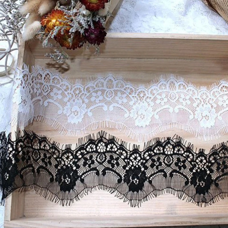 Soft Floral Lace Trim for Dress Making, Classic Eyelash, Sewing Crafts, Black and White, 3yard/lot