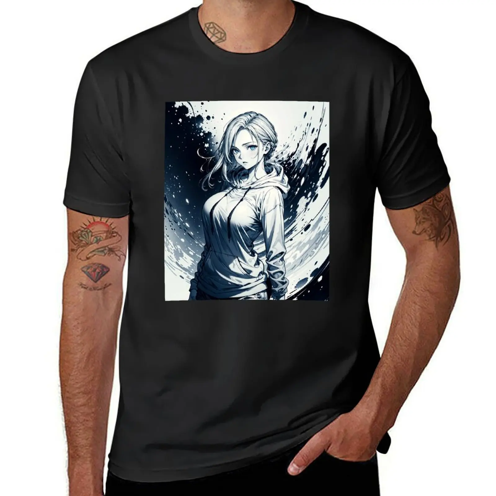 Anime Pinup Girl : monochromatic with Blue eyes. 02 T-Shirt sublime blanks customs mens t shirt graphic