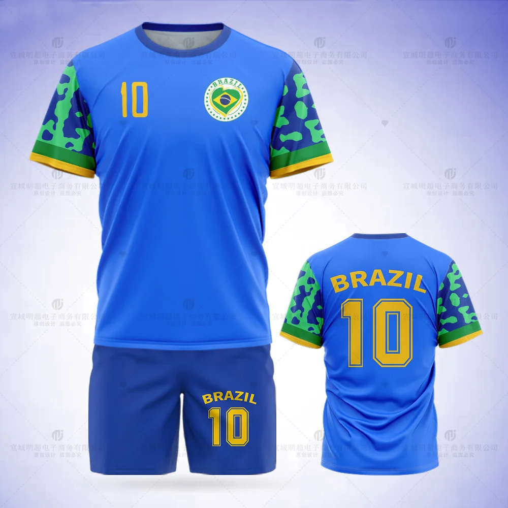 Jumeast Brasil Futebol Jersey Padrão T-Shirt Set, Bandeira Impressão Shorts, Azul Malha Sports Ball Vestuário, Uniforme da Equipe, 2023