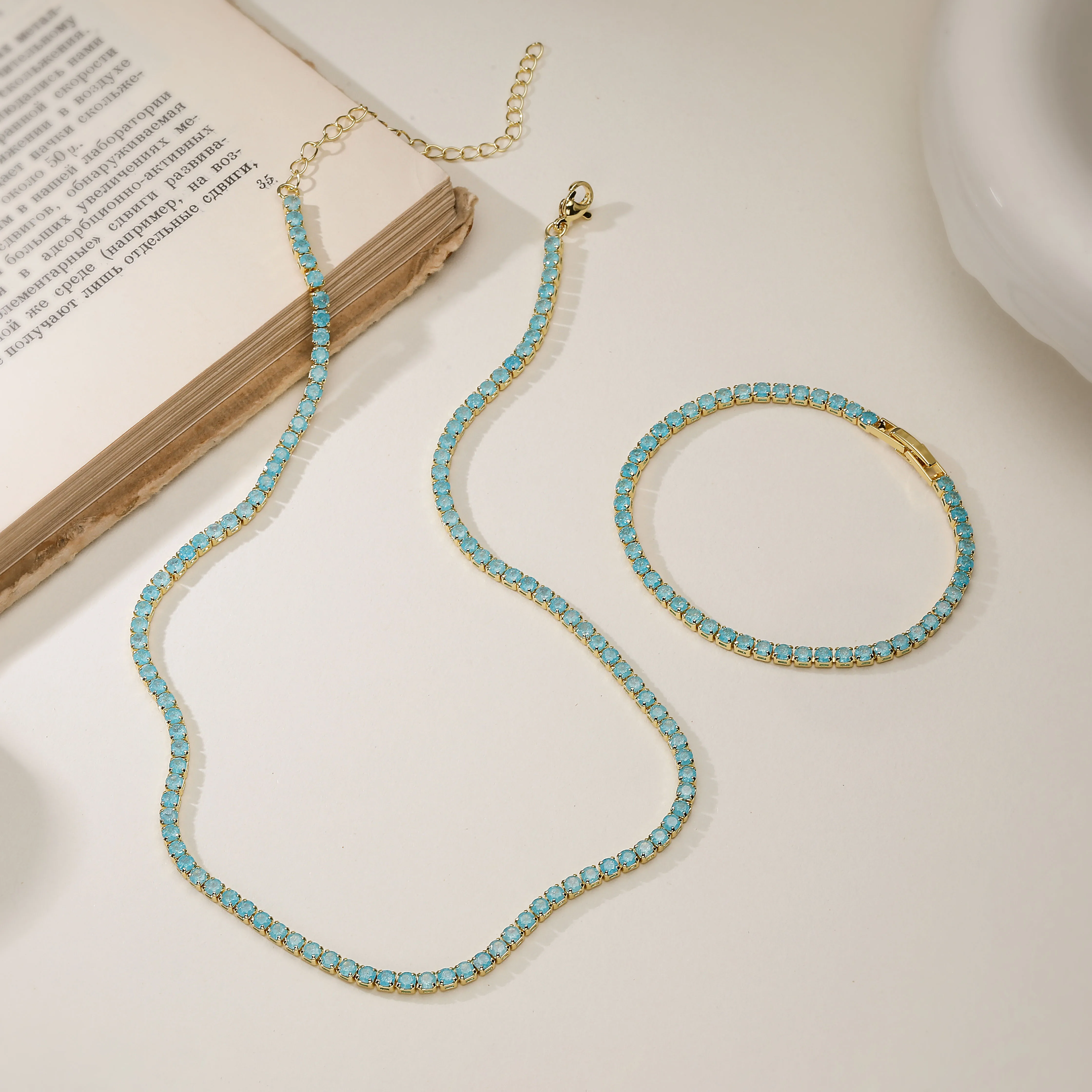 Sparkly Colorful CZ Jewelry Set Necklace and Bracelet Matching Set Elegant Dainty Layering Wrist Neck Jewelry