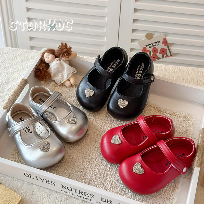 Rhinestone Heart Buckle Ballerina Shoes Kid Girl Round Toe Red Leather Ballet Flat Baby Child Soft Sole Mary Janes Dress Zapatos