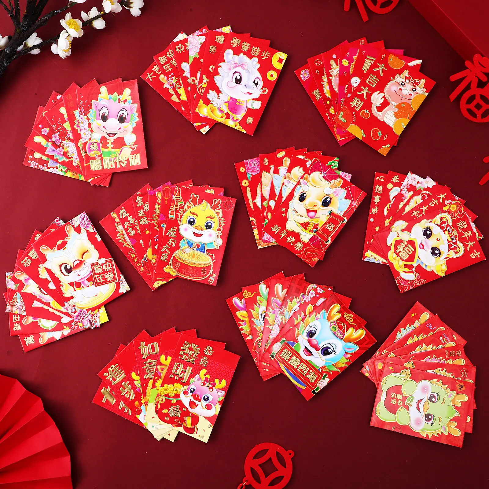 

60Pcs Red Pockets Dragon Year Envelopes Chinese New Year Traditional Red Envelope Cartoon Style Spring Festival Money Packets