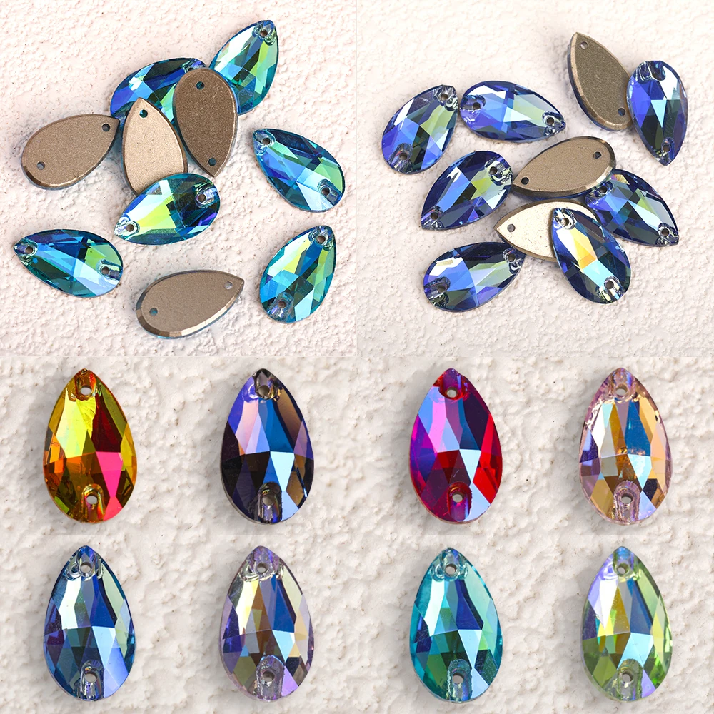 VC K9 Hochwertige Wassertropfen-Form Invertierte Kante Farbenfrohe Funkelnde AB-Glas Flache Knopf-Strass-Steine für Hochzeitskleider-Dekoration