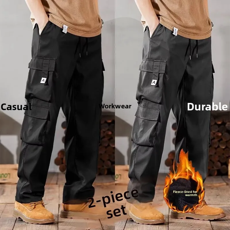 

Thiened Fce Warm Autumn Winter Workwear Pants Men's Loose Multi-ket Wear-Resistant Dirt-Proof Casual Trousers