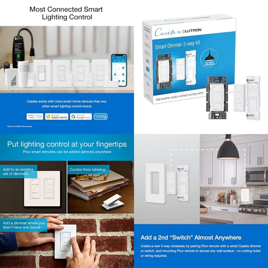 

Caseta 3 Way Light Switch Kit, Includes Pico Remote, Bracket, and Switch, No Neutral Required, Works with Alexa, Apple Home, Ri