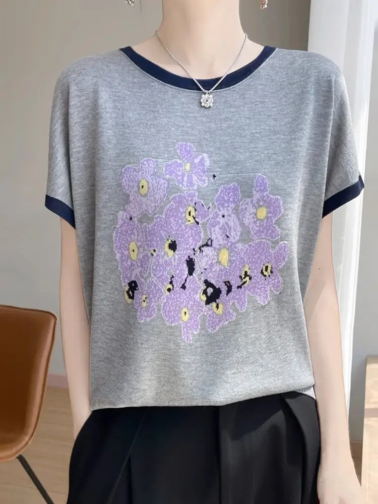 Faionable Mommy Ice Silk Gestricktes T-Shirt Loose Fit ort Sve Bedrucktes lässiges Top Ele Young Sle Sommer atmungsaktiv