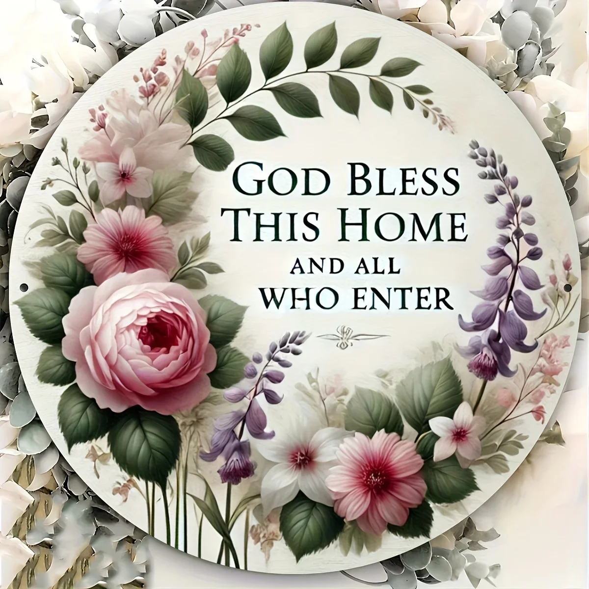 2D Flat 20.32x20.32cm Round Wooden Wall Art - 'God Bless This Home and All Who Enter' Floral Design with Pink Roses & Green Leav