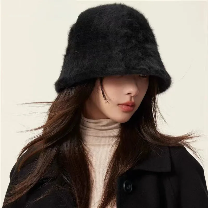 ウサギの毛皮で編まれたバケツの帽子,単色,多用途,ぬいぐるみ,暖かく,柔らかく,シンプル,カジュアル,冬