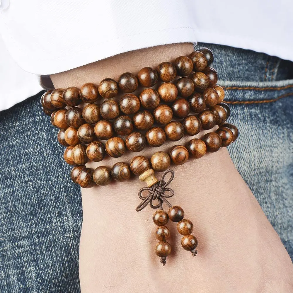 6mm Natural Sandalwood Buddhist Buddha Wooden Beads Bracelets Knot Pendant 4-Layer Wrist Chain Men Women Bracelet Bangles