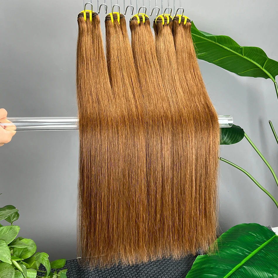 # 4 حزم من شعر طبيعي مفرود باللون البني الداكن لحمة مزدوجة 100% نسج على شكل شعر فيتنامي 100 جرام حزمة للبيع