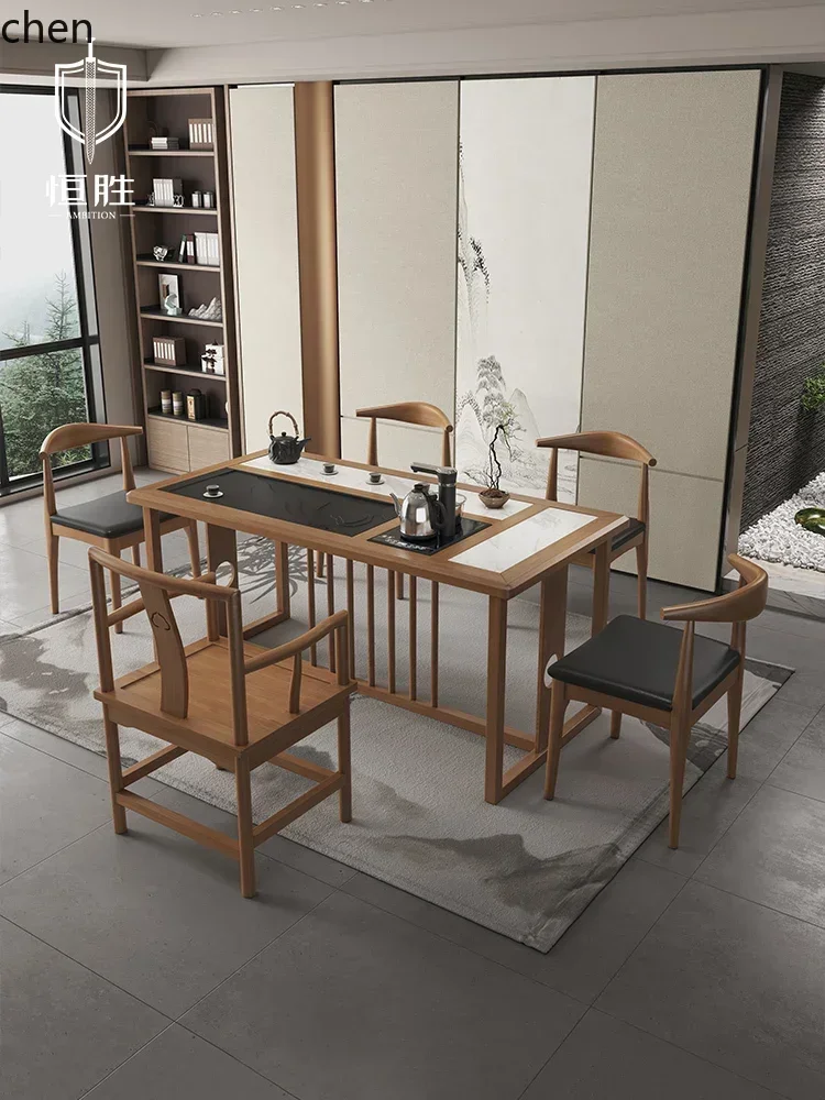 D12-Simple Tea Table and Chair Set Rock Plate Kung Fu Tea Table Solid Wood Integrated Tea Table