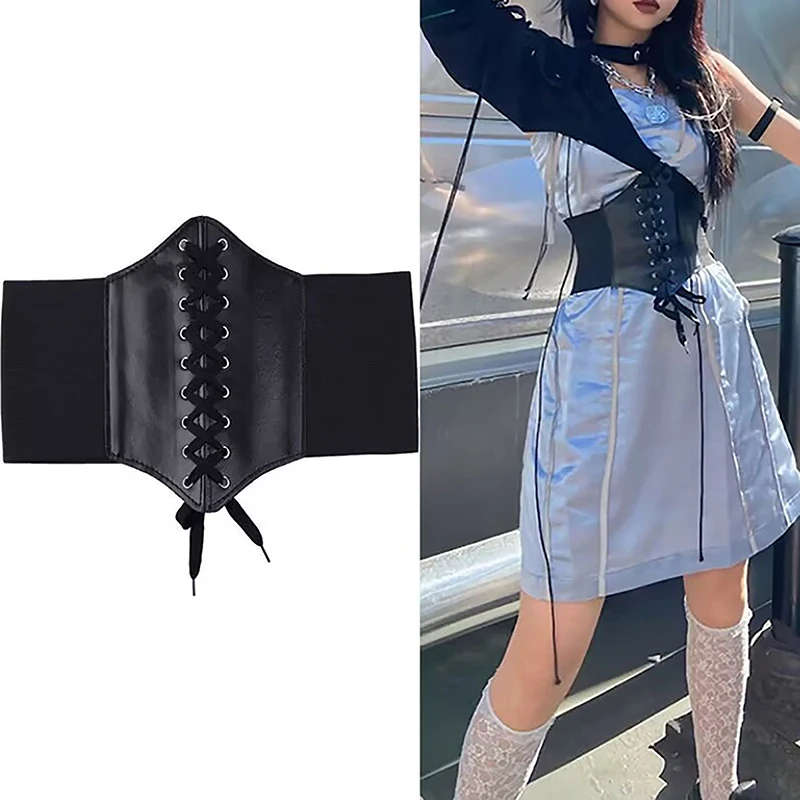 Women's Corset Belt Gothic Fashion PU Leather Female Lace-up Corset Belts Slimming Waist Vintage Corset Black Wide Belt For Girl