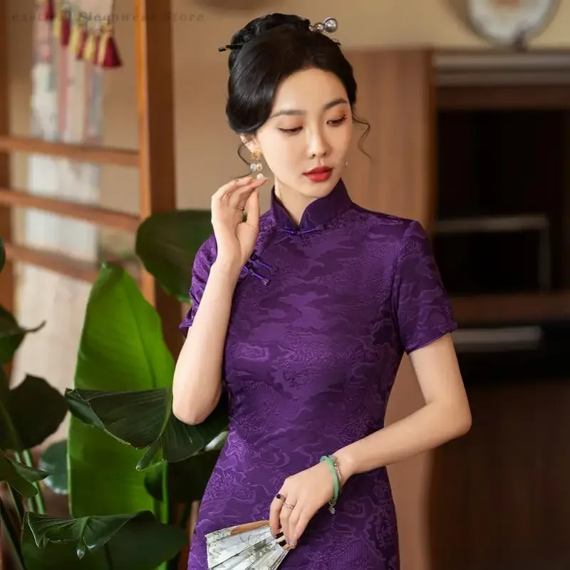 

Большой размер 3XL 4XL 5XL Qipao фиолетовый принт Cheongsam улучшенное китайское платье женские атласные платья длинные традиционные китайские платья