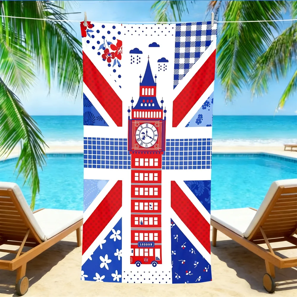British Charm Beach Towel – Soft Absorbent Microfiber with Big Ben & Red Bus Collage for London Enthusiasts
