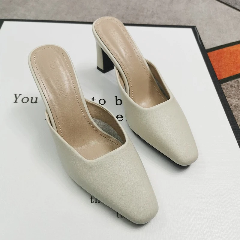 Thick-heeled Outer High-heeled Shoes Women Fashion Slippers Half-slip Leather Shoes French Simple Sandals
