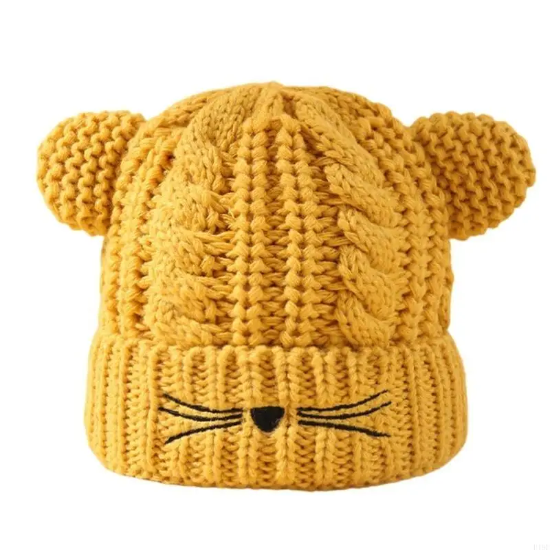 

F19F Kids Knitted Hat Fun Embroidered Headwear Kitten Ears Theme