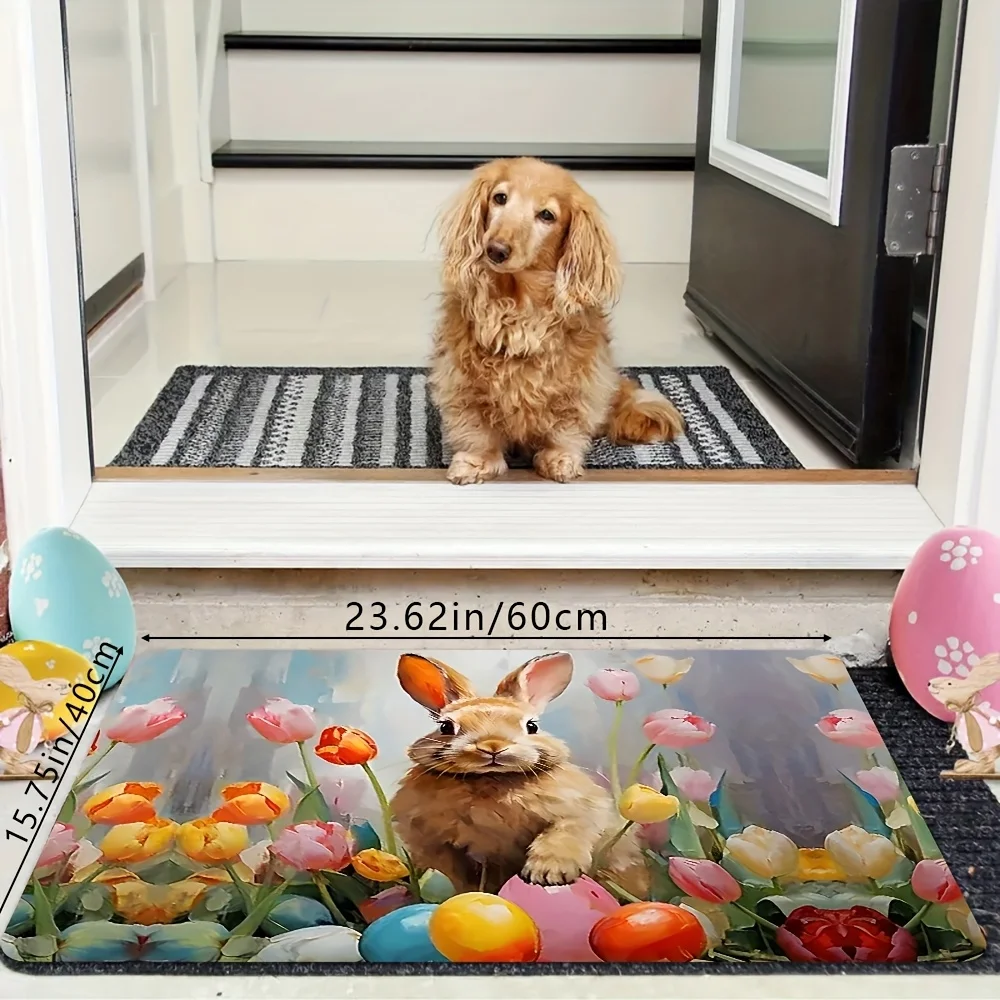 1pc - Spring and Summer Decorative Easter Applicable Oil Painting - Tulip and Bunny Elements Welcome Mat - Soft Absorbent Wash
