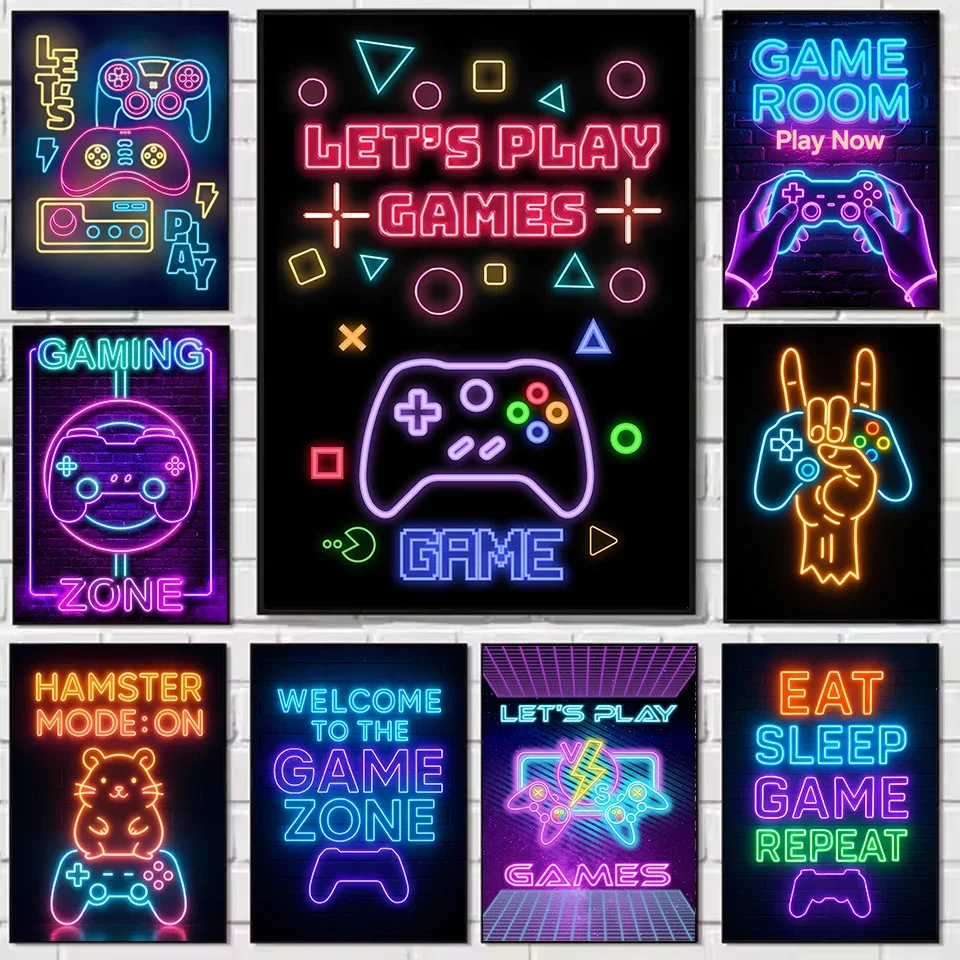 1pc frameless Canvas Painting Eat Sleep Game Repeat Gaming Gamepad Game Zone Neon Sign Poster Printed Canvas Painting Wall Art P