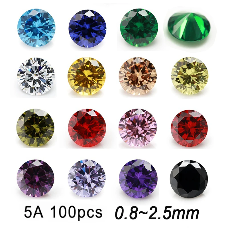 100pcs 1mm 1.5mm 2mm (Size 0.8~2.5mm) AAAAA Round White,Golden Yellow,Voilet,Olive,Green,Black,Pink Cubic Zirconia Stone Loose