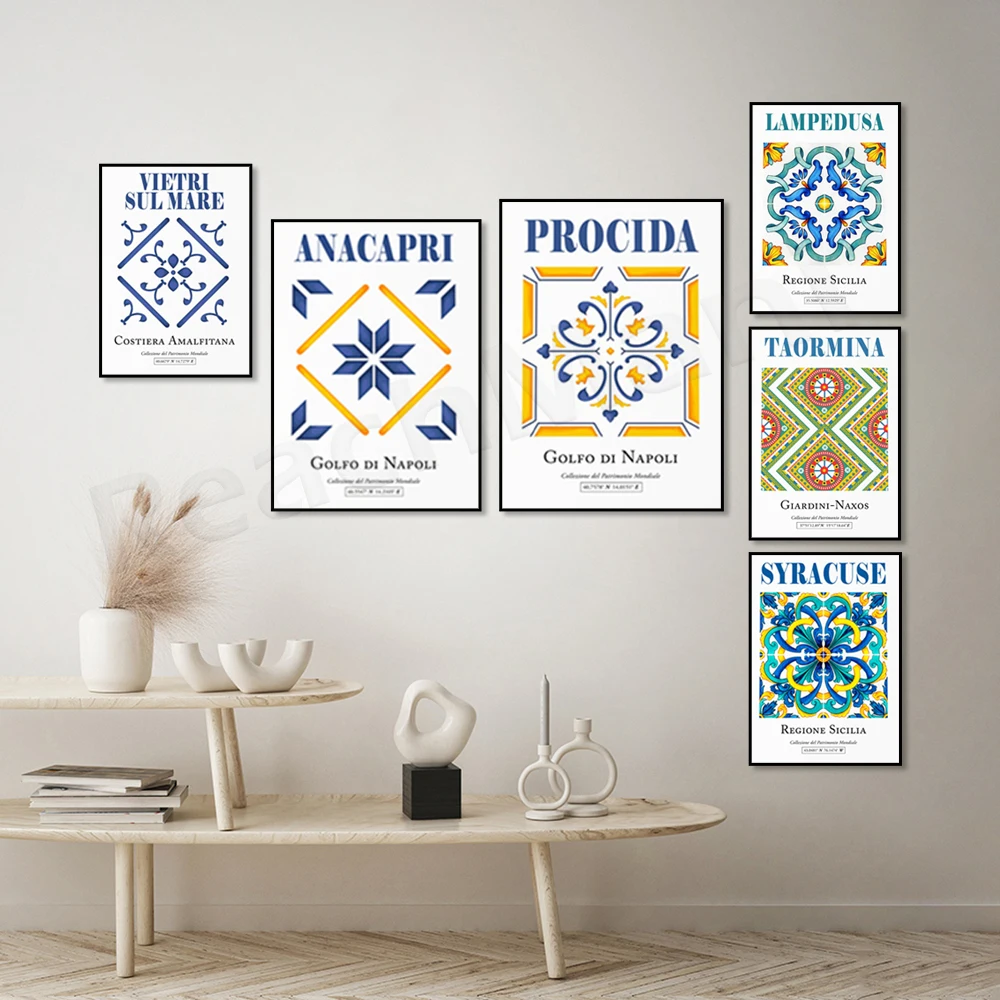 Taormina, Messina, Sicily, Portugal, Syracuse, traditional Sicilian Italy, tile pattern aesthetic wall decoration print poster