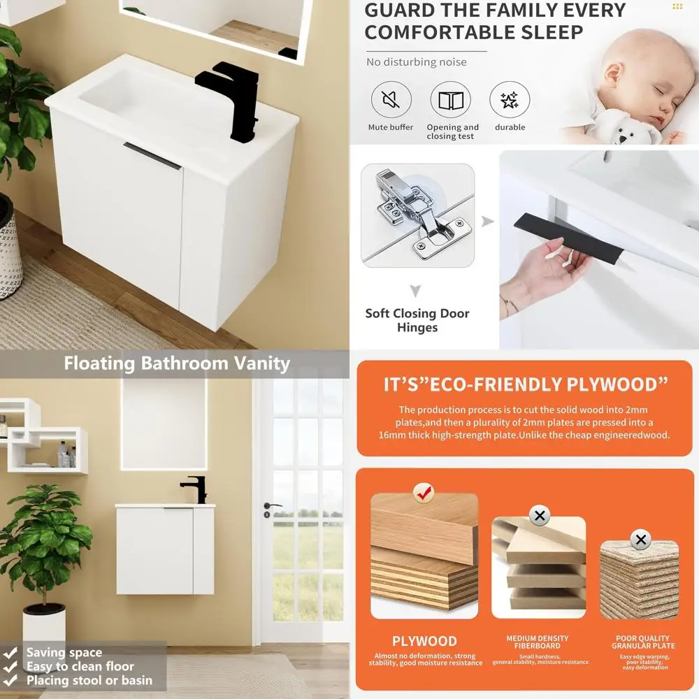 

modern 22" wall-mounted vanity with ceramic sink and storage cabinet in wood