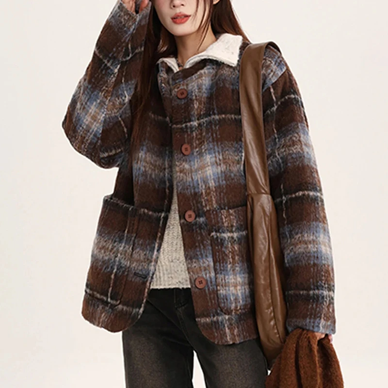 Vintage Faux Woolen Coat Women Fall Winter Casual Plaid Loose Warm Coat Retro Lazy Wind O Neck All Match Button Outwear Tops New