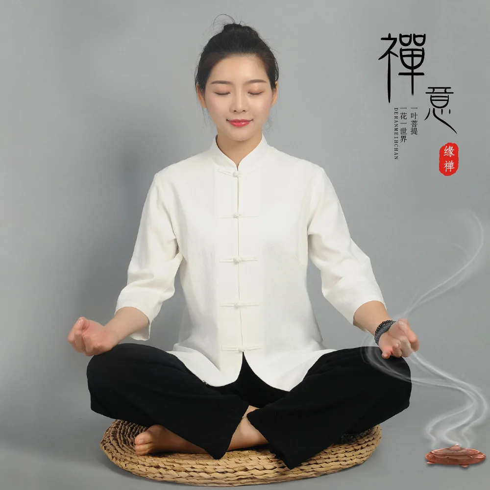 

Tea Clothing Female Cotton Linen Tai Chi Health Technician Han Moxibustion Work Tea Ceremony Autumn Winter Chinese Traditional