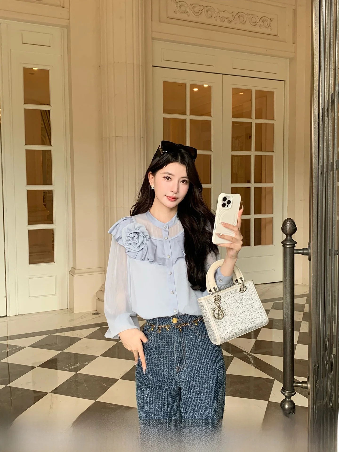 

Новая женская шифоновая блузка с длинным рукавом Blue Bubble Sve для ранней весны, элегантный повседневный топ прямого кроя из полиэфирного волокна