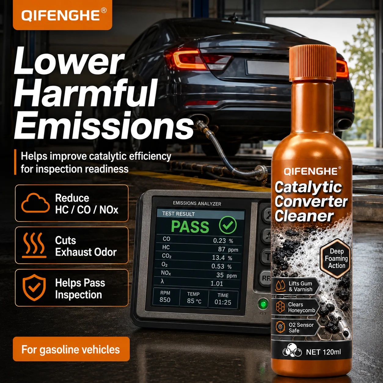 QIFENGHE Catalytic Converter Carbon Cleaner 120ml, Eliminate Sulfur Smell, Pass Emission Test, No Disassembly Needed
