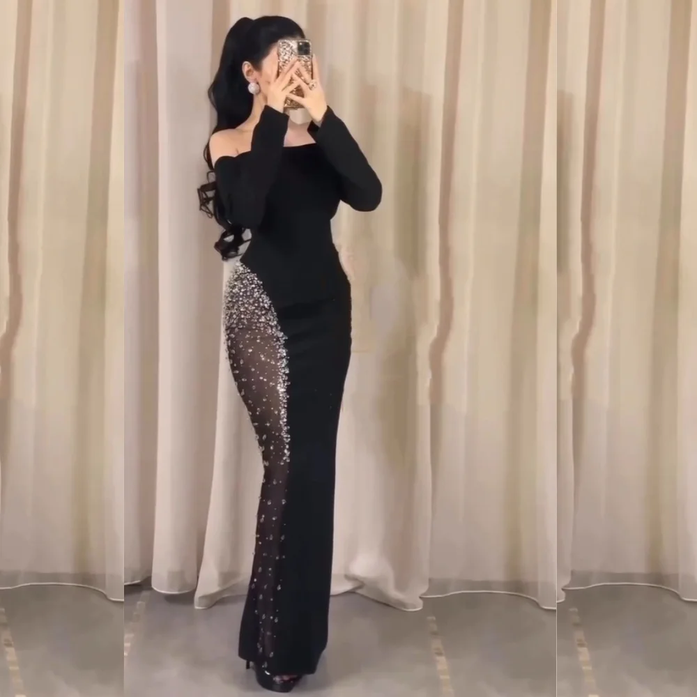 Customized Elegant Jersey Sequined Pleat Column Off-the-shoulder Long Dresses Bespoke Occasion Evening Chinese Style